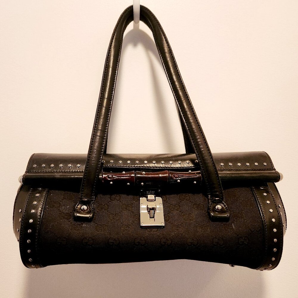 Authentic Gucci Monogram Bullet Satchel Handbag with Bamboo Accent & Dust Bag - Picture 2 of 16